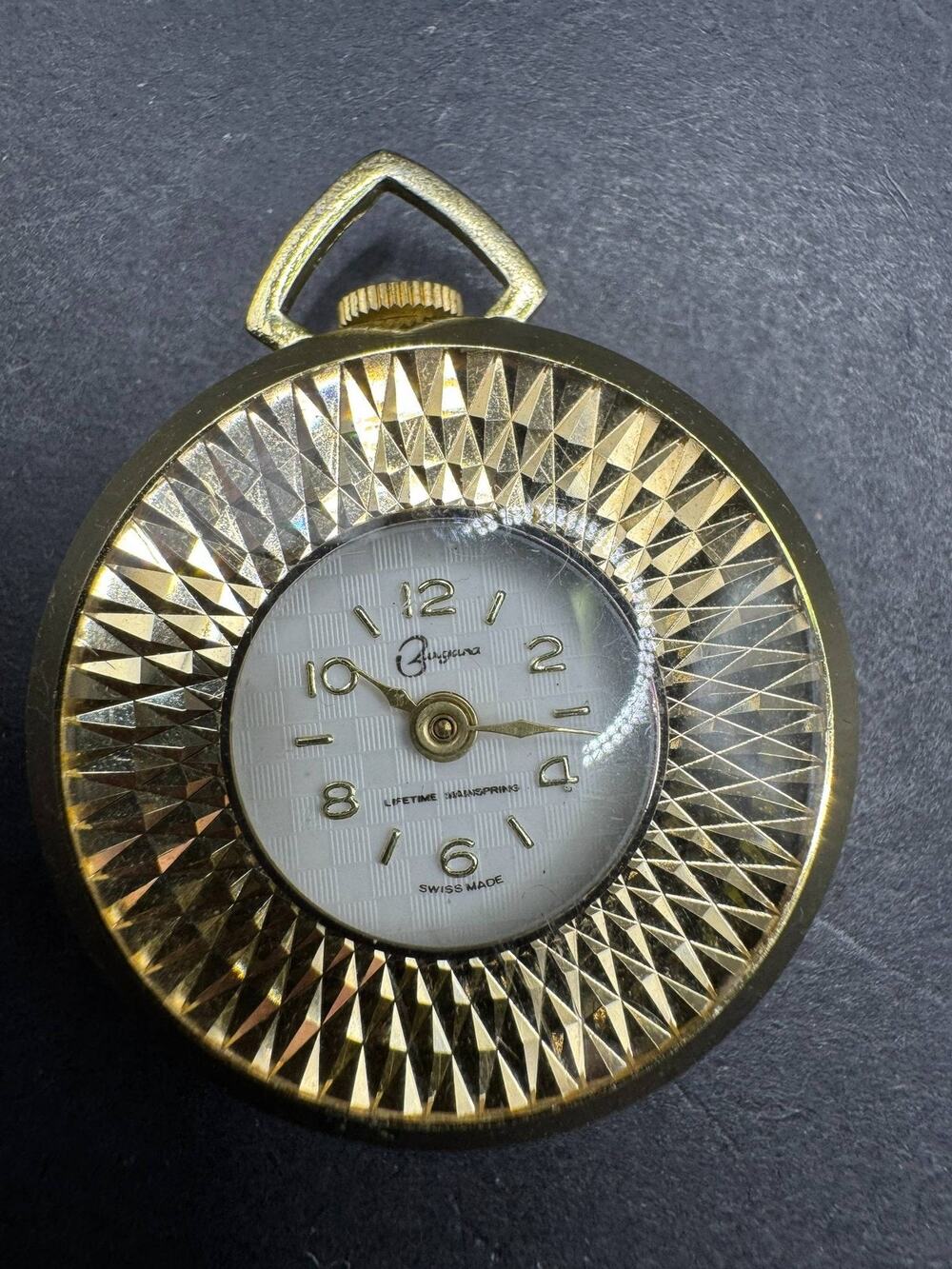 Vintage Buggina Pendant Pocket Watch Gold Tone Swiss Made Floral Engraved Back